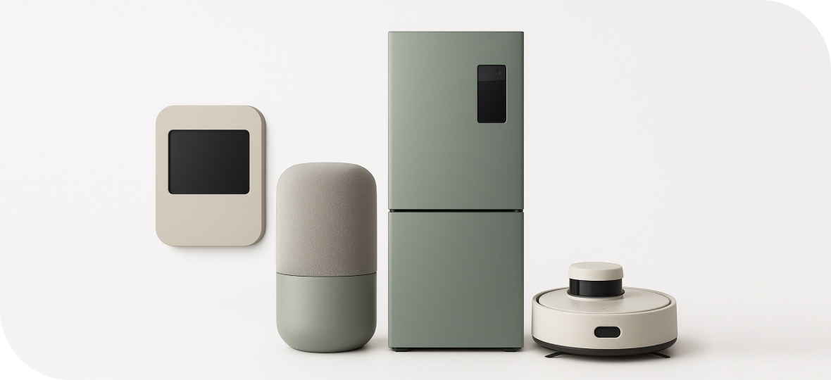 차분한 그린 베이지 색상의 스마트 가전 사진
