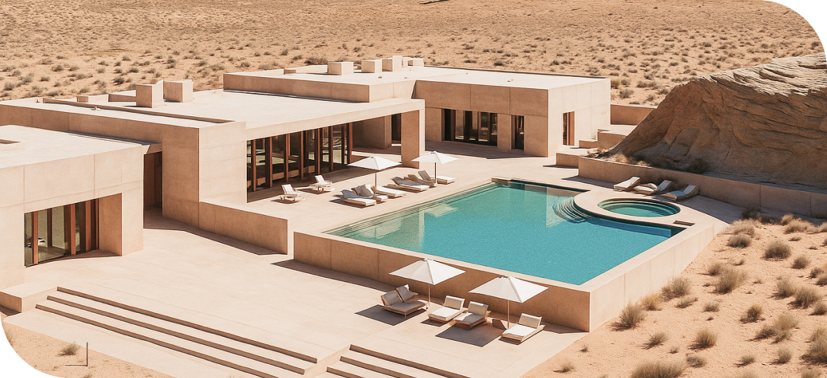 사막 위 건물 외관 소파 베드, 수영장 사진