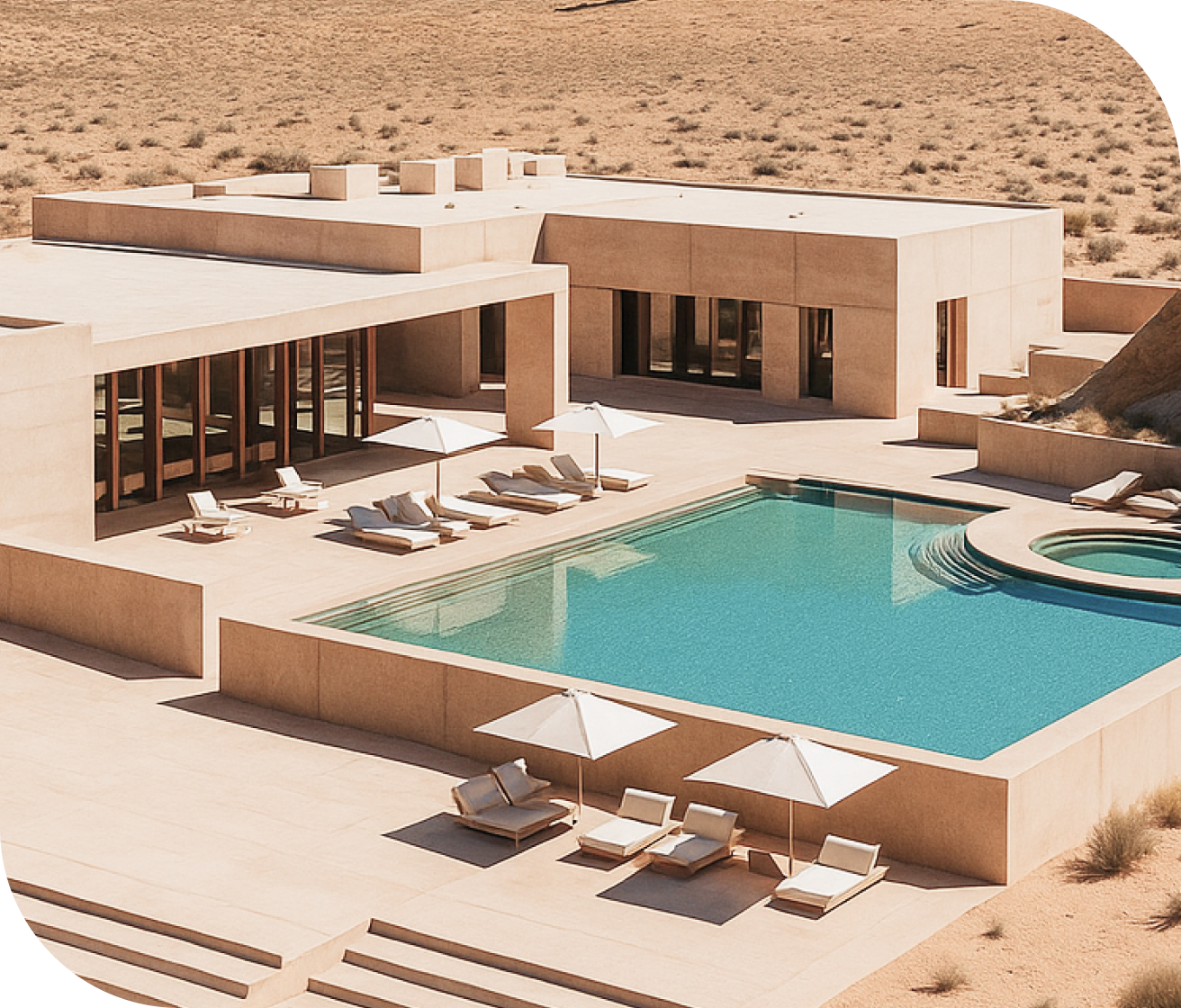사막 위 건물 외관 소파 베드, 수영장 사진