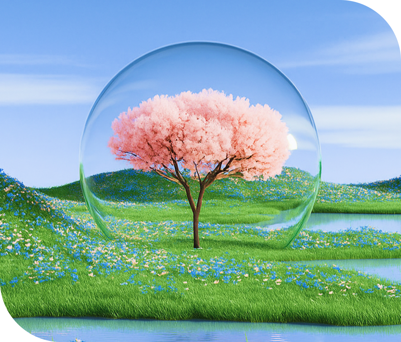 푸른 초원과 호수 위 핑크색 나무 일러스트 사진