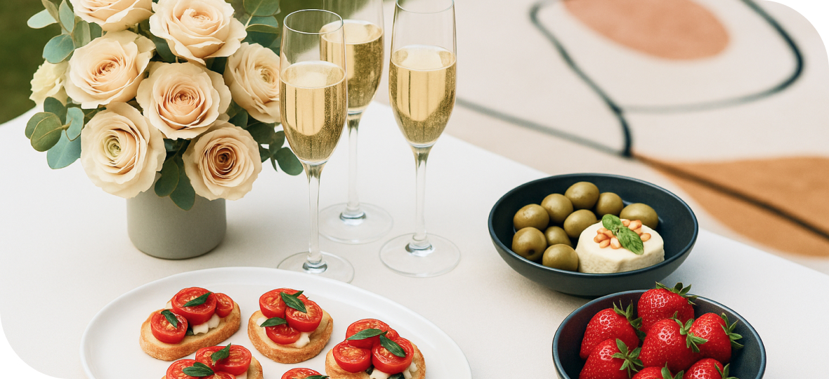 샴페인과 음식 사진