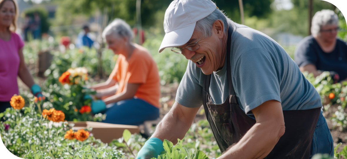 모여서 가드닝 모임에 참여하는 노인 사진