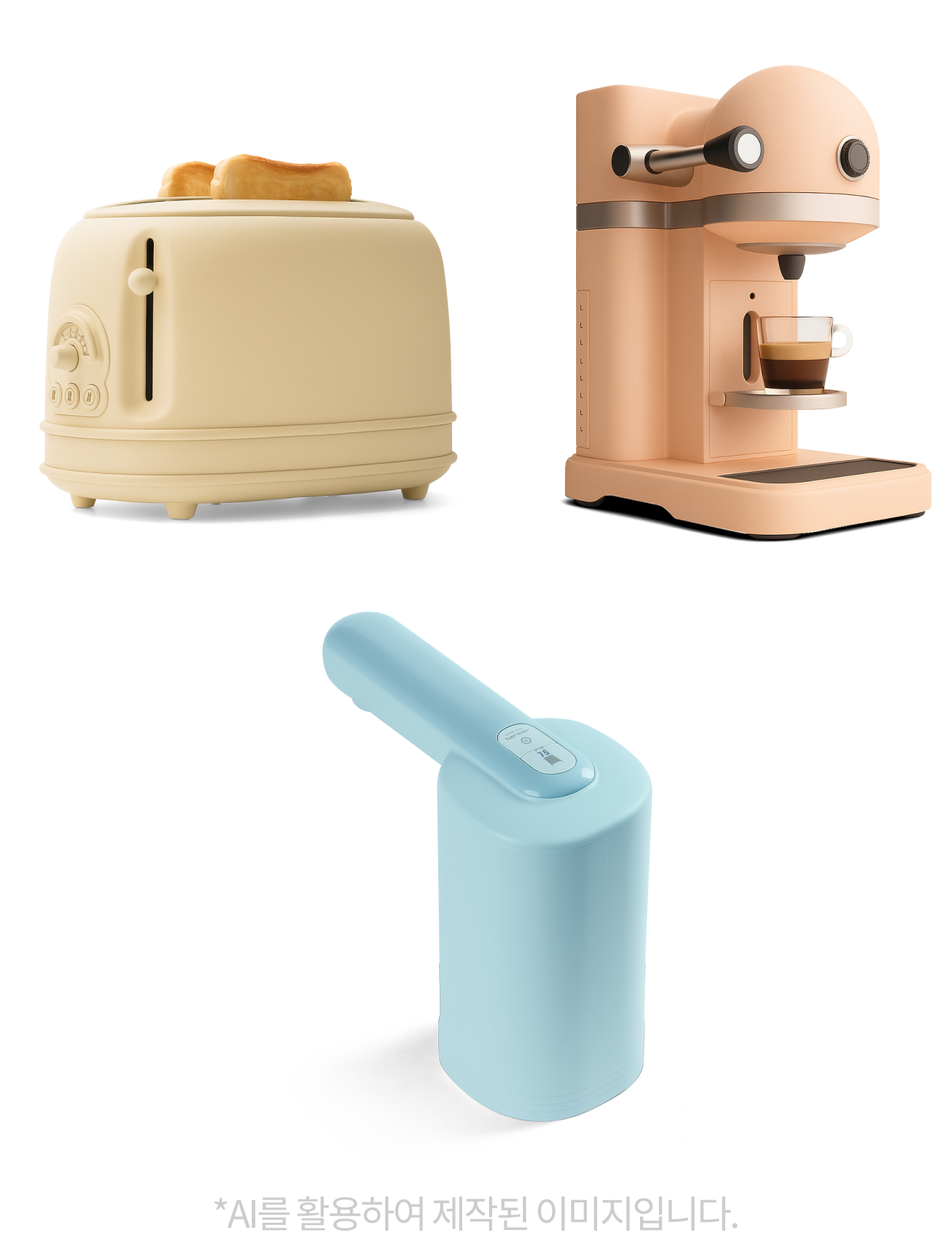 매트한 파스텔톤 소형 가전 사진, *AI를 활용하여 제작된 이미지입니다.
